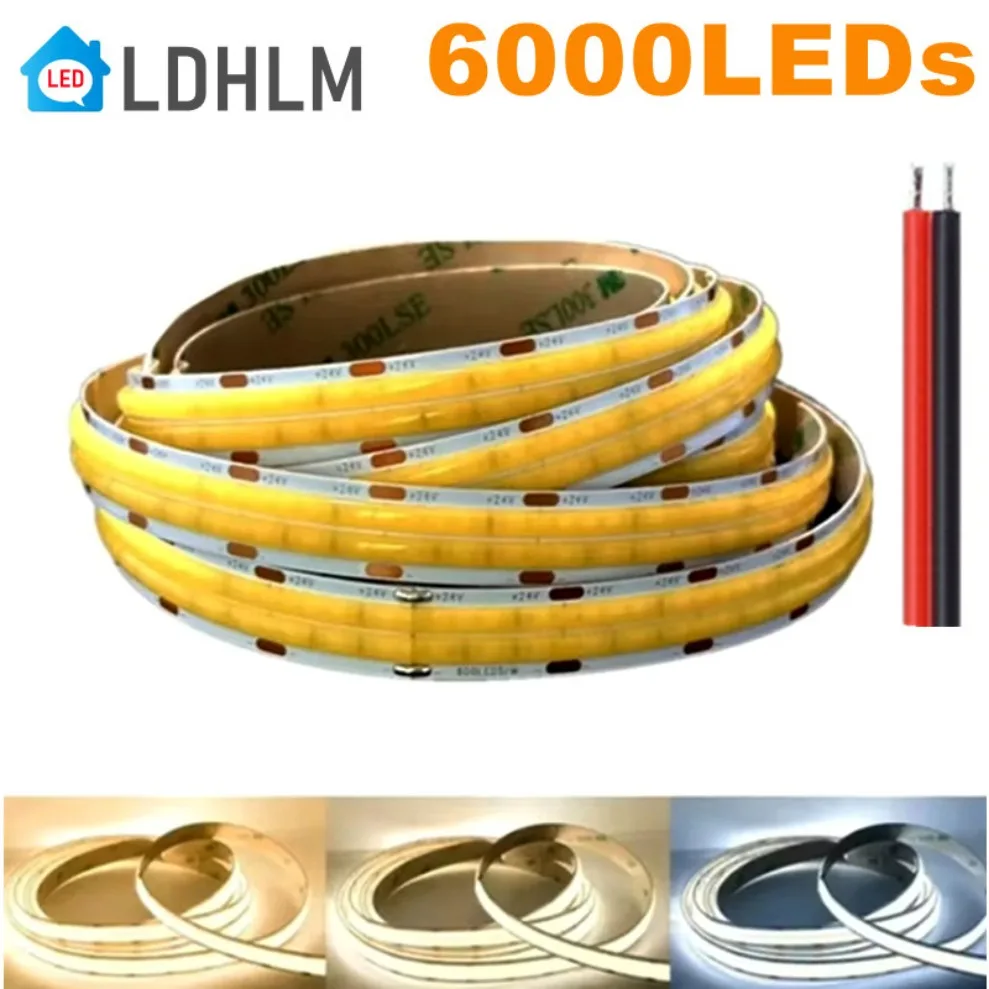 

Double Row Flexible COB LED Strip DC24V 3000K 4000K 6500K 600LEDs/M 2000LM/M Super Bright High Density Strip Dimmable LED Lights