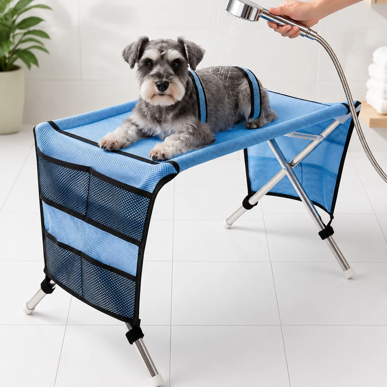 ペットグルーミングスタンド-折りたたみ式-犬猫用入浴ラック-調節可能な拘束具-速乾メッシュ-爪切りホルダー-小型・中型ペット用