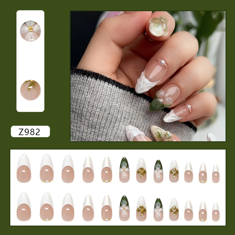 24pcs White Green French Tips False Nails Stereo Water Ripple Flower Gold Bead Designs Press On Nails Gentle Autumn Fake Nail