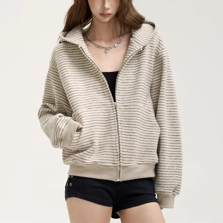 New Women's Striped Hoodie 2026 Autumn Winter Fashion Zip-Up Jacket Korean Style Trendy Apricot Hoodie Women Clothing