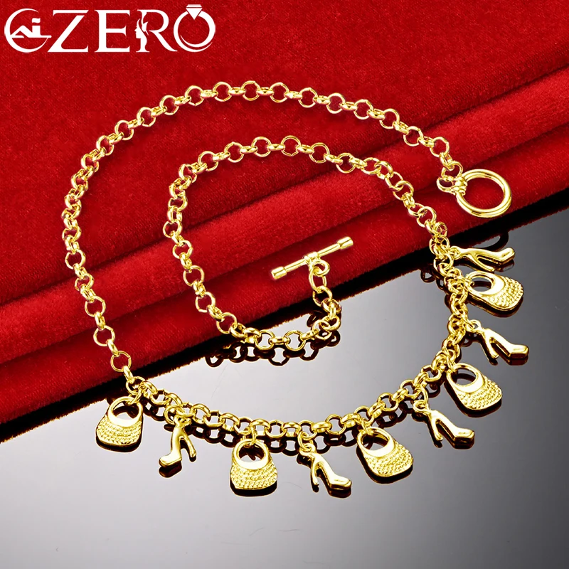 

ALIZERO 24K Gold Necklaces 925 Sterling Silver High Heels and Shopping Bag Necklace For Women Fashion Wedding Party Jewelry Gift