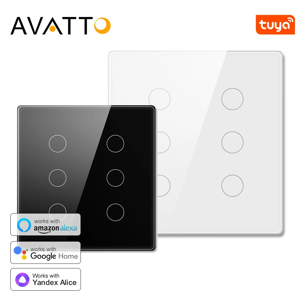 AVATTO Tuya WiFi 4x4 Wall Smart Switch 4/6 Gang Glass Panel Brazil Standard Touch Switch Works With Alexa Google Home