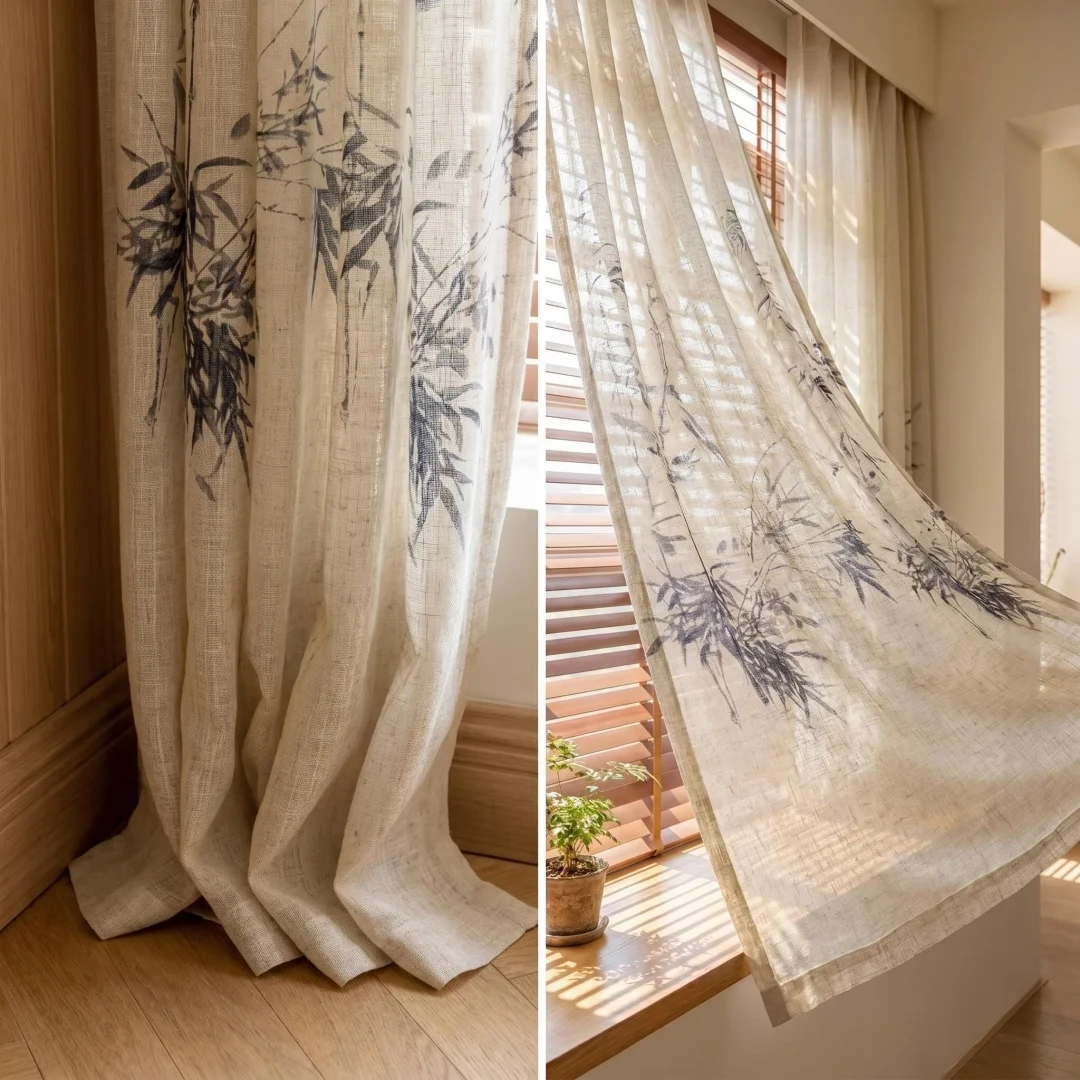 Oriental Ink Bamboo Linen Sheer Room Divider Curtain Light Permeable Partition Drape For Tea Corner Entryway Decor