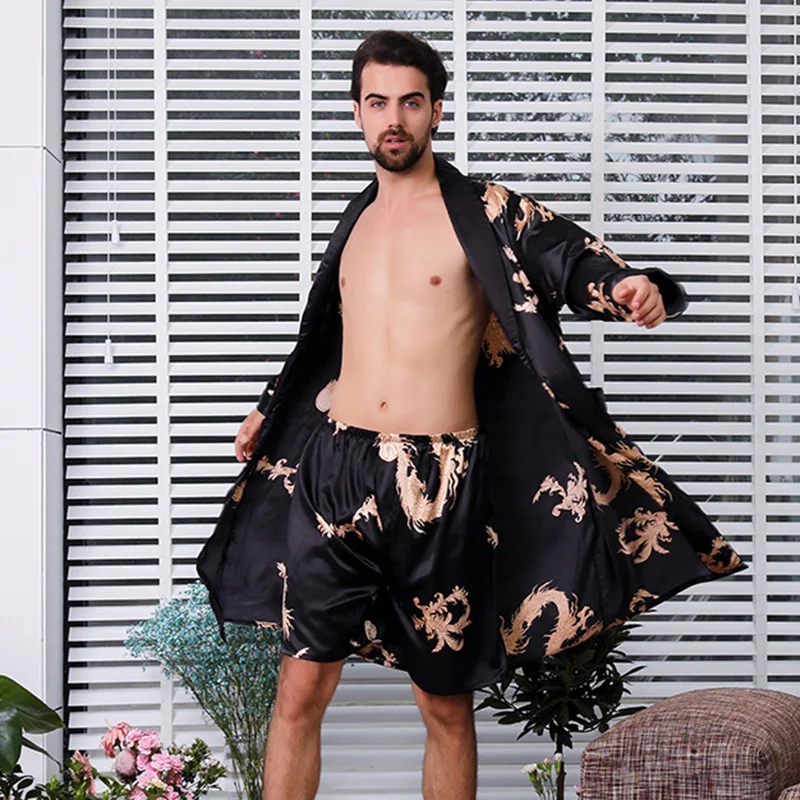 M-5XL Large Size Robe&Shorts Pants Sleep Set Casual Men 2PCS Intimate Lingerie Long Sleeve Bathrobe Satin Kimono Homewear Pyjama