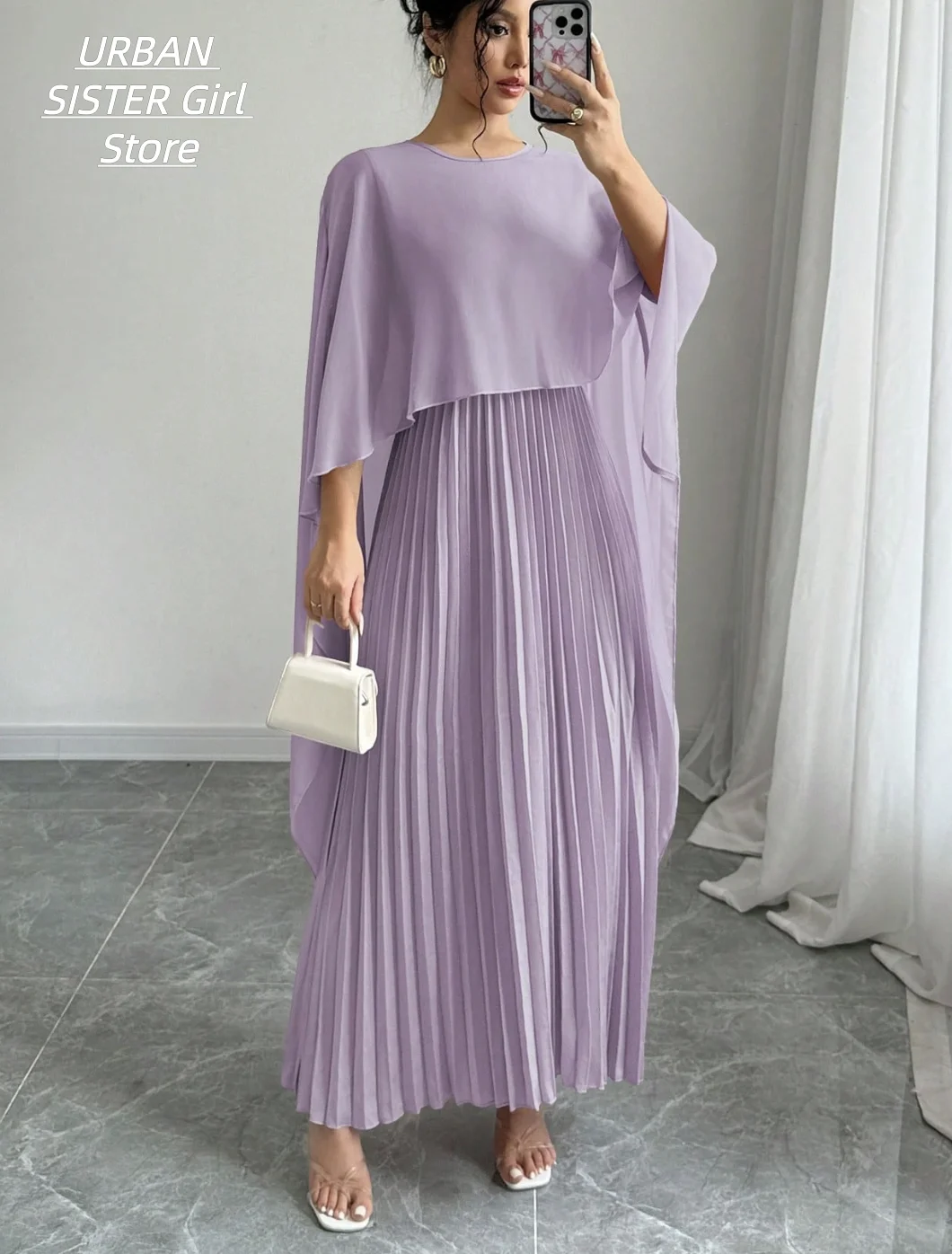 Light Purple Round-Neck Cape Shawl Long-Sleeve High-Waisted Pleated Long Dress, Gentle and Elegant Chiffon Wedding Bridesmaid Banquet Gown