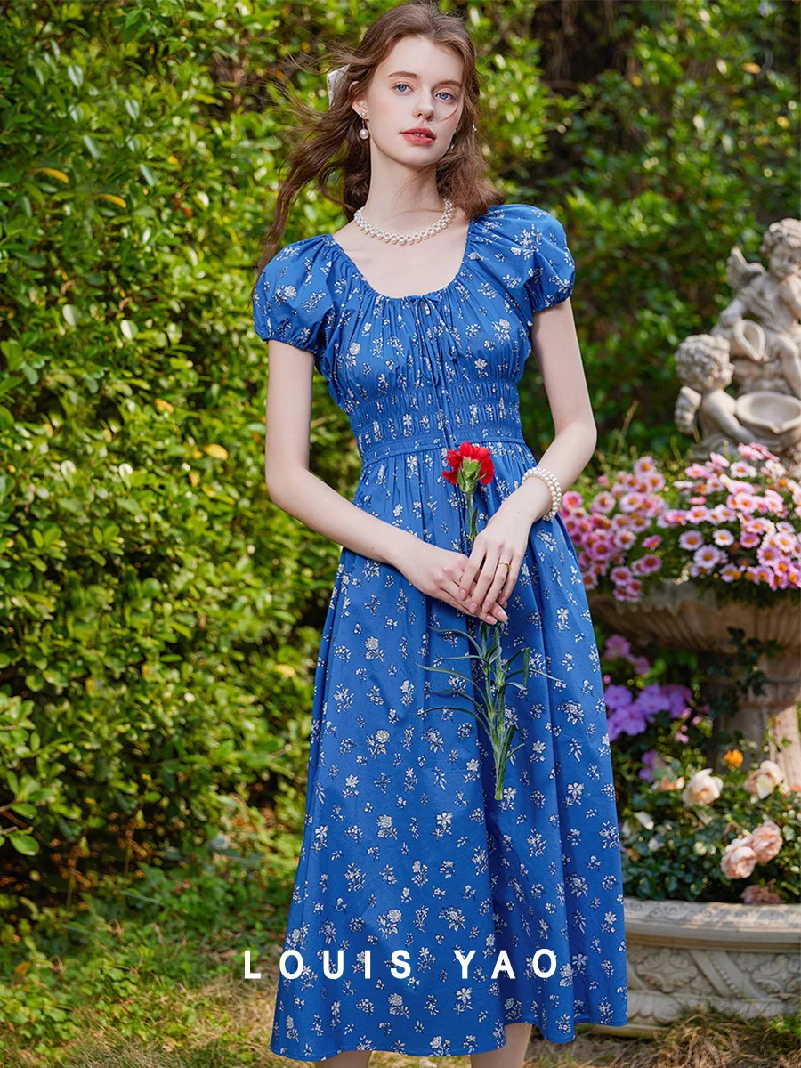 

LOUIS YAO Floral Printed Women's Dress 2025 Summer Sweet Girlish Style Round Neck Collar Lace Up Mid Length Floral Women's Dress