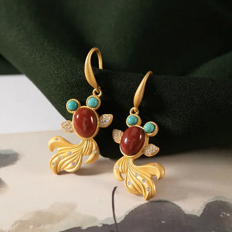 

Chinese Style S925 Silver Gilded Gold Southern Red Turquoise Jasper Zircon Goldfish Earrings for Women Party HanFu Jewelry Gift