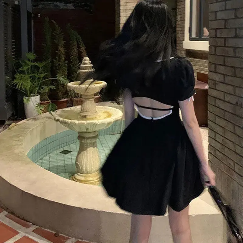 Summer Sweet Y2k Black Mini Dress Sexy V Neck Women Party Backless Bow Dress Retro Hollow Out Dress Korean Vestido Sundress