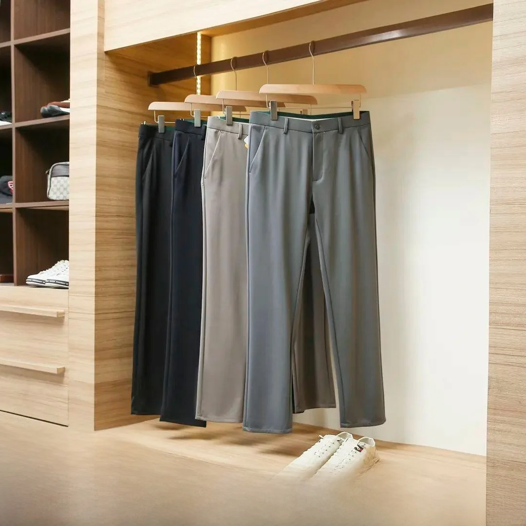 

Casual Silk Mixed Straight Leg Pants Men's Busin Slim Fit Breathable Autumn Long Trousers Comfortable Nylon Rayon Spandex
