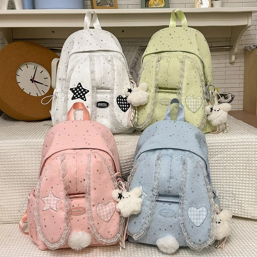 Sweet Nylon Rabbit Ear Backpack Lace Large Capacity Student's Backpack Polka Dot School Bag for Students Girls