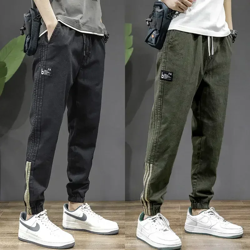 New Cargo Pants Trendy Versatile Patch Pocket Man Striped Korean Bound Classic Spring Summer Men's Thin Fashion Casual Trousers