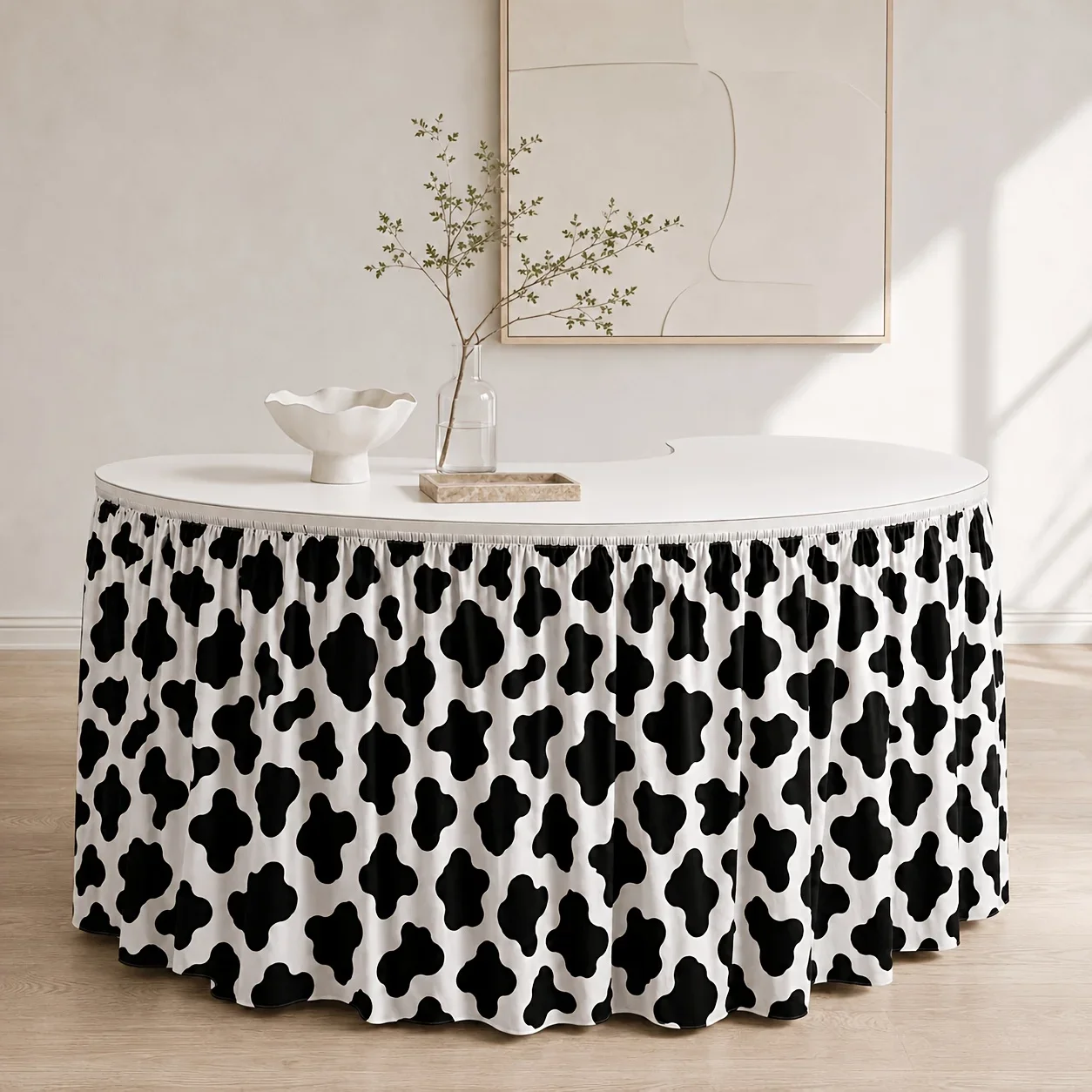 Tablecloth table skirt 1 piece - modern, minimalist, black and white design with irregular embellishments and elastic texture.