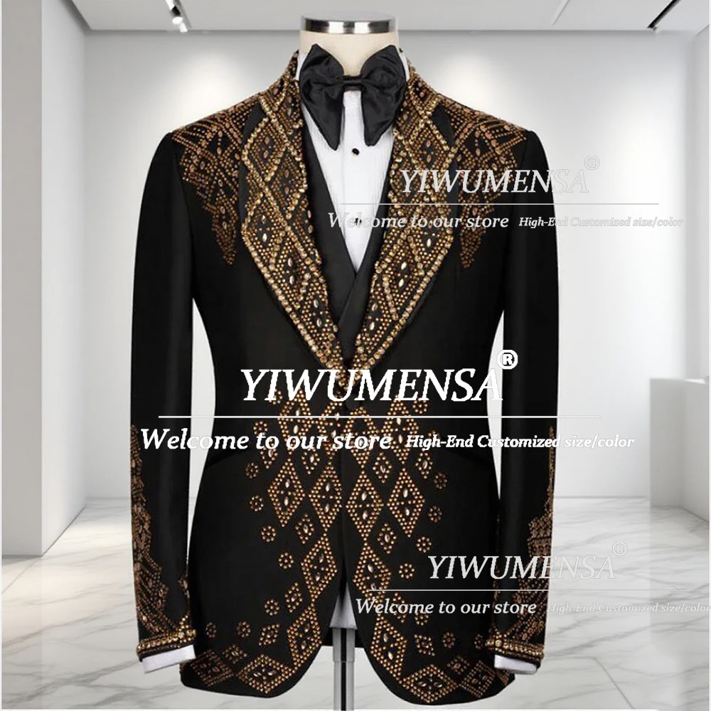 

Handsome Beaded Stones Wedding Suits For Men 3 Pieces Sets Single Breasted Prom Groom Blazers Customized Man Banquet Tuxedos
