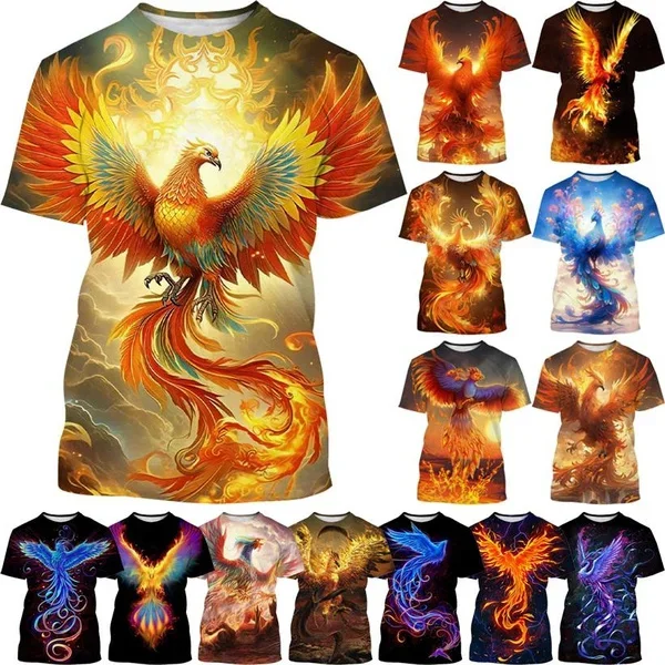 Men's and Women's Animal Pattern Firebird Printed T-shirt Fashion Phoenix 3D Printed T-shirt Round Neck Short-sleeved Casual Top