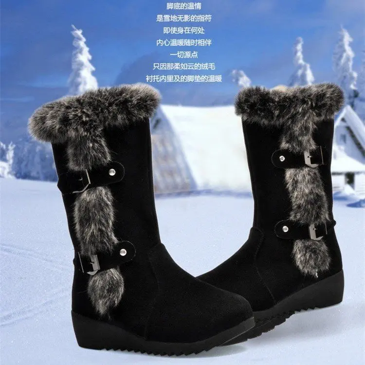 New Winter Women Boots Casual Warm Fur Mid-Calf Boots shoes Women Slip-On Round Toe wedges Snow Boots shoes Muje Plus size2021