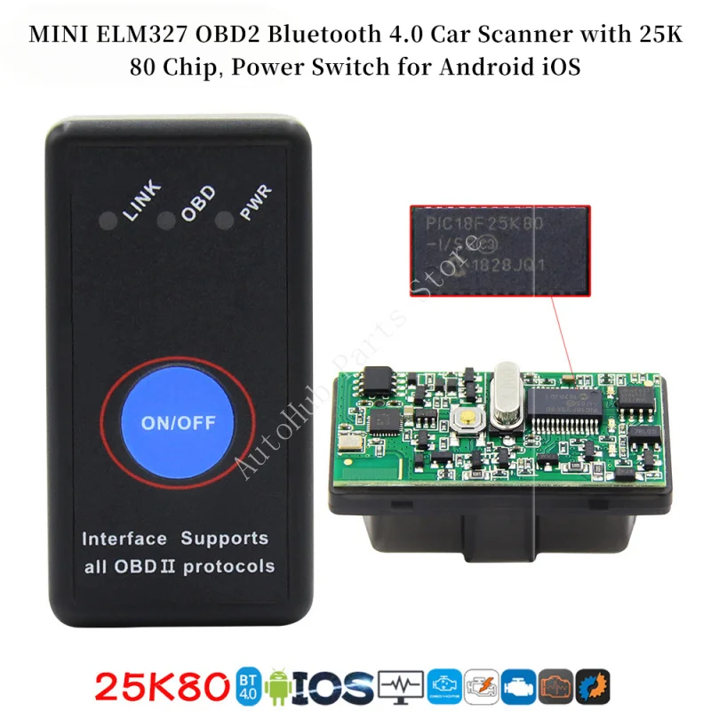 

Автомобильный сканер MINI ELM327 OBD2 Bluetooth 4.0 с чипом 25K80, выключателем питания для Android iOS