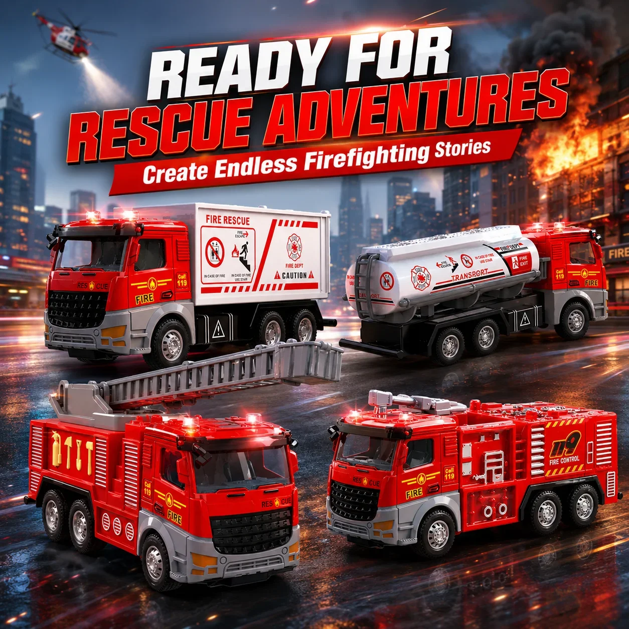MQUDUO Fire Truck Toy, Rescue Cargo Truck Fire Tanker Ladder Truck or 119 Emergency Vehicle with Rolling Wheels for Kids