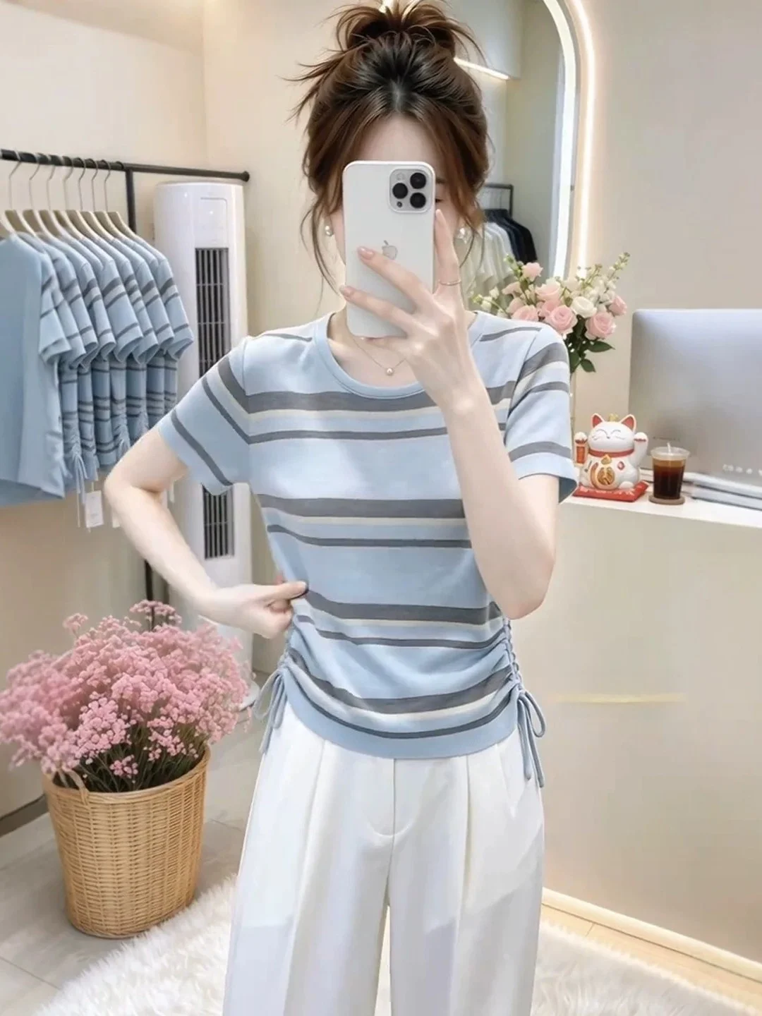 Blue Striped Side Drawstring Short Sleeve Knitted Top Women's Summer plus Size Slimming Casual Top Cover Belly Weight Loss