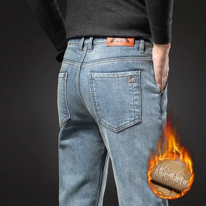 Winter Fleece Stretch Jeans for Men Fashion Slim Comfortable Cotton Straight Trousers Warm Male Brand Clothing Denim Pants