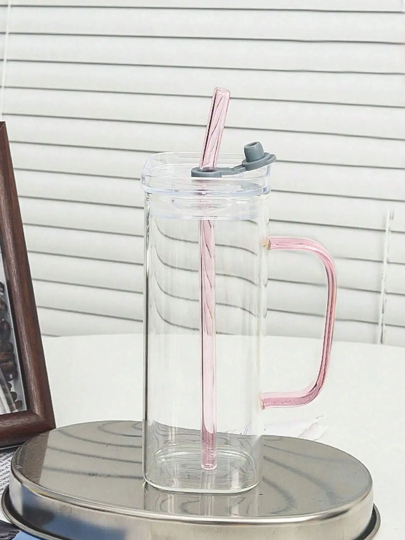 1pc Square Glass Cup With Lid And Straw For Girls With High Appearance Level, Summer For Water, Beverages And Coffee