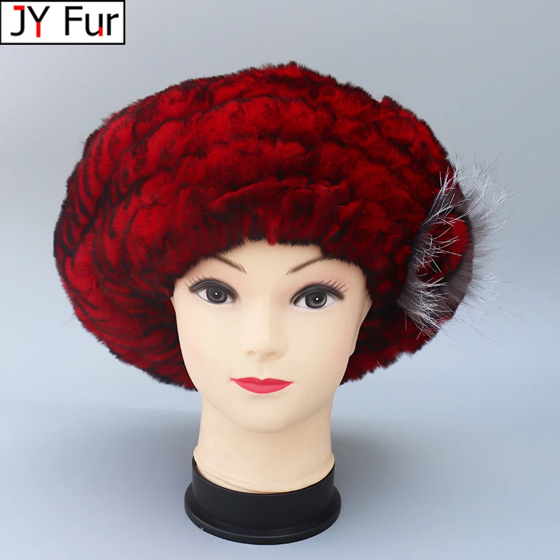 

2024 Russian Winter Warm Genuine Fur Hat Knit Lady Real Fur Beanies Hats Women Flowers Striped 100% Natural Rex Rabbit Fur Cap