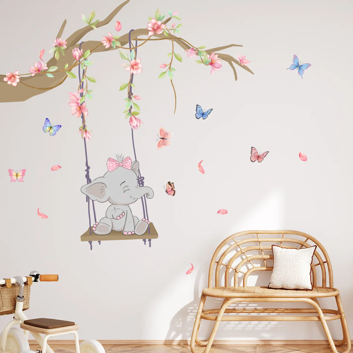 2pcs Cartoon Baby Elephant Swing Branch  Wall Sticker Living Room Bedroom Children's Room Mural Decorative Wall Sticker Ms6313