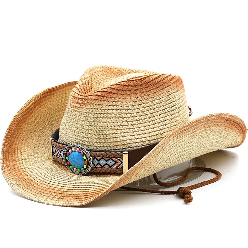 

Panama hat New Straw cowboy Hat Summer Turquoise ribbon Women Men Wide Brim Beach Sun Cap UV Protection Jazz Fedora Hat