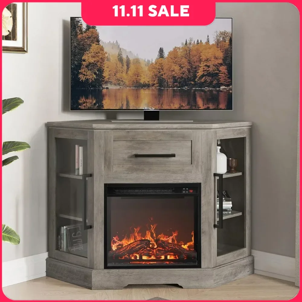 

18" Electric Fireplaces, 43" Corner TV Stand, Corner Wood Entertainment Center, Glass Door Storage Cabinet, Electric Fireplaces