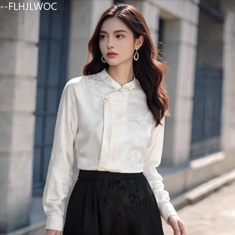 

Hot Chinese Style Chi-pao Collar Design Vintage Tops New Year 2026 Spring Women Office Lady Girls Elegant Retro Shirt Blouse