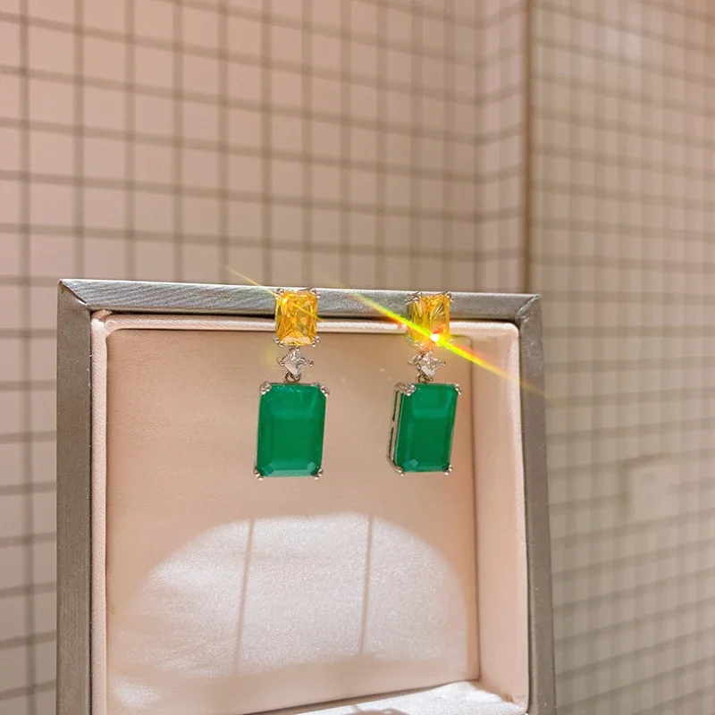 Silver 925 Simple fashion Paraiba gemstone Ear Studs Vintage Style Green Blue Gem Square Earrings for Women Party Jewelry view 5