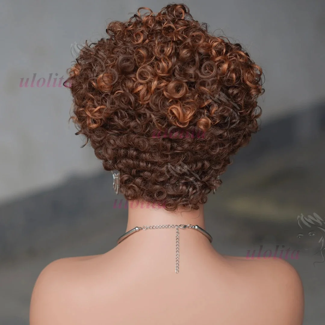 6 Zoll kurze lockige Perücken mit Pony, 4/30 Highlight Piano-Farbe für schwarze Frauen, Echthaar Pixie Cut, federnde lockige Echthaarperücken – Detail 6