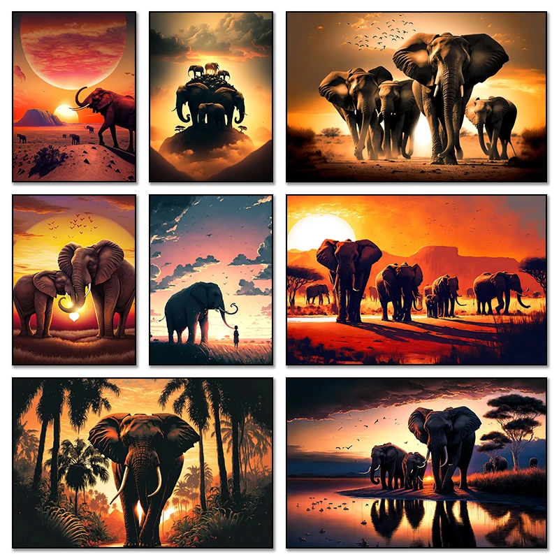 VintageWild Elephants Sunset Landscape Elephant Animal Art Posters Canvas Painting Wall Prints Pictures Living Room Home Decor