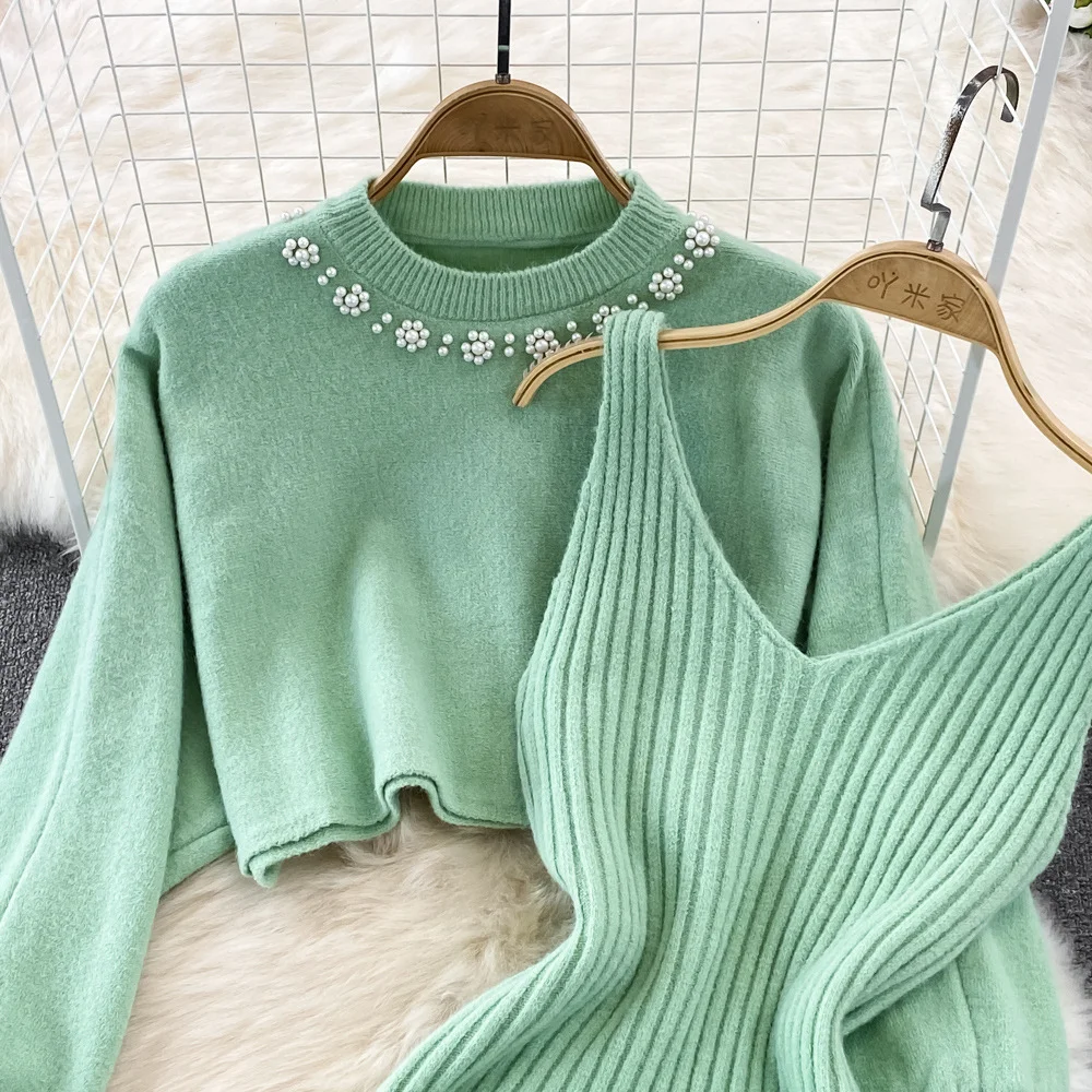 2024 France New Autumn Fashion Knitted 2 Piece Set Women Breading Long Sleeve Pearl Top Knitted Camis Dress Female Sweater Suits