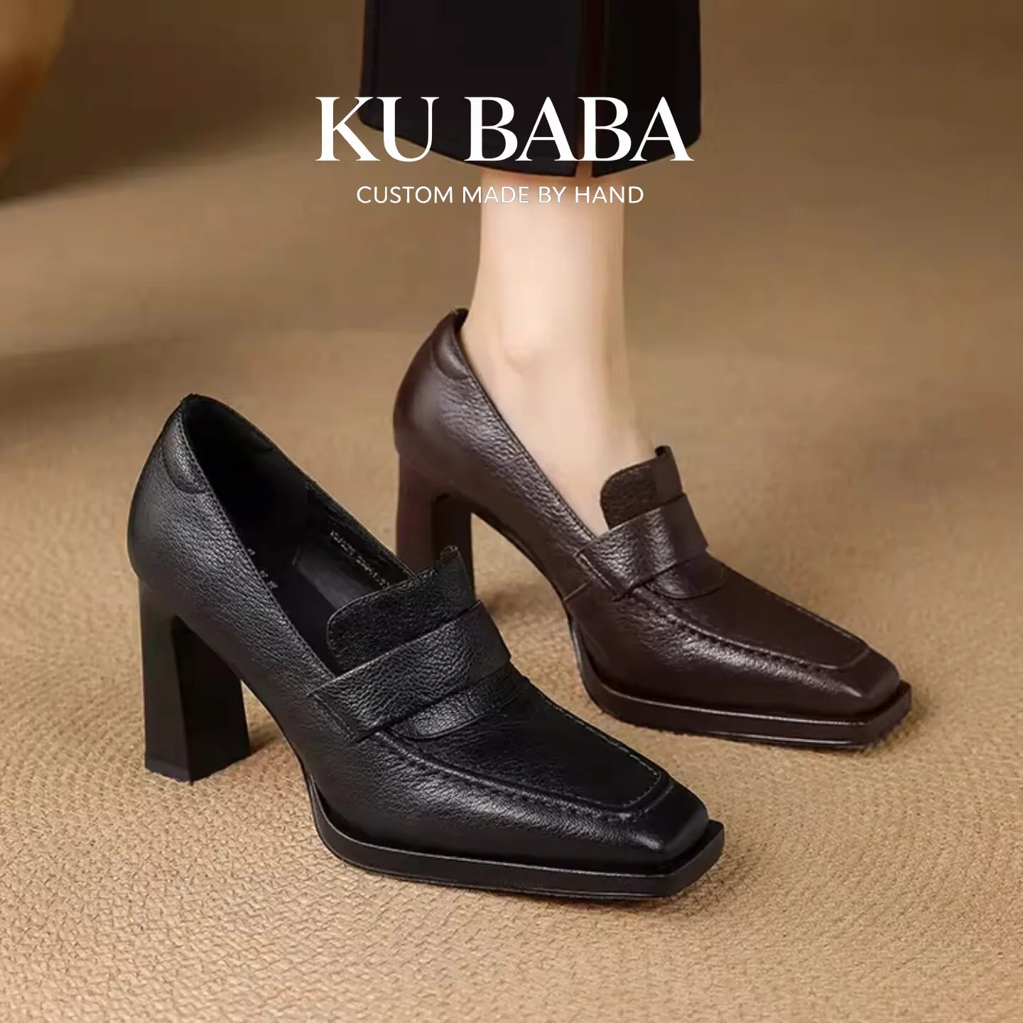 Women's High Heels Soft Leather Square Head Thick Heel Slip-On Retro Commute Deep Mouth Single Shoes Fashionable round Toe