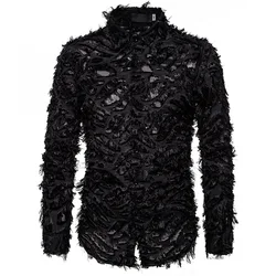 Sexy Black Shirt Men Fashion Feather Long Sleeve Mens Dress Shirts Nightclub Party Prom Social Shirt Male Camisa Hombre