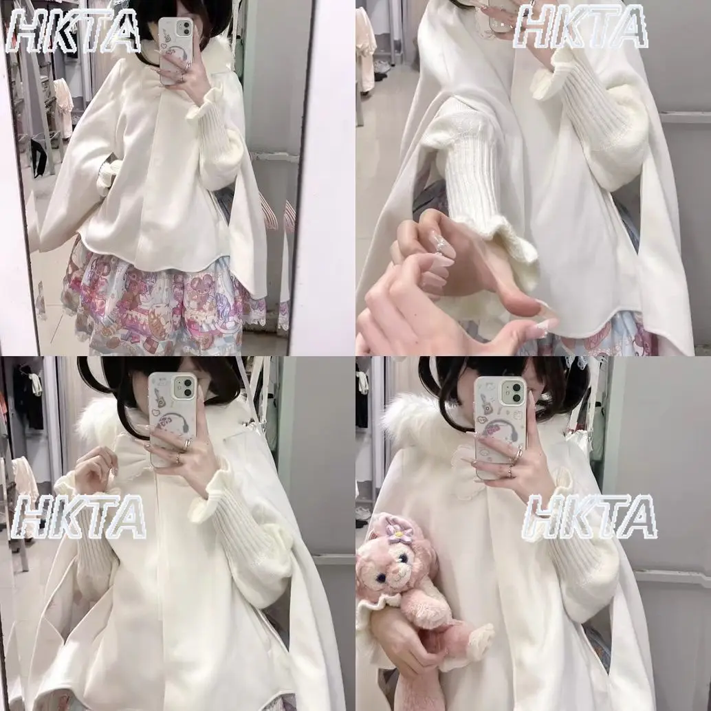 Natale giapponese dolce principessa Lolita giacca con cappuccio ragazze inverno collo di pelliccia splicing petali pendula mantello di lana cappotti donna