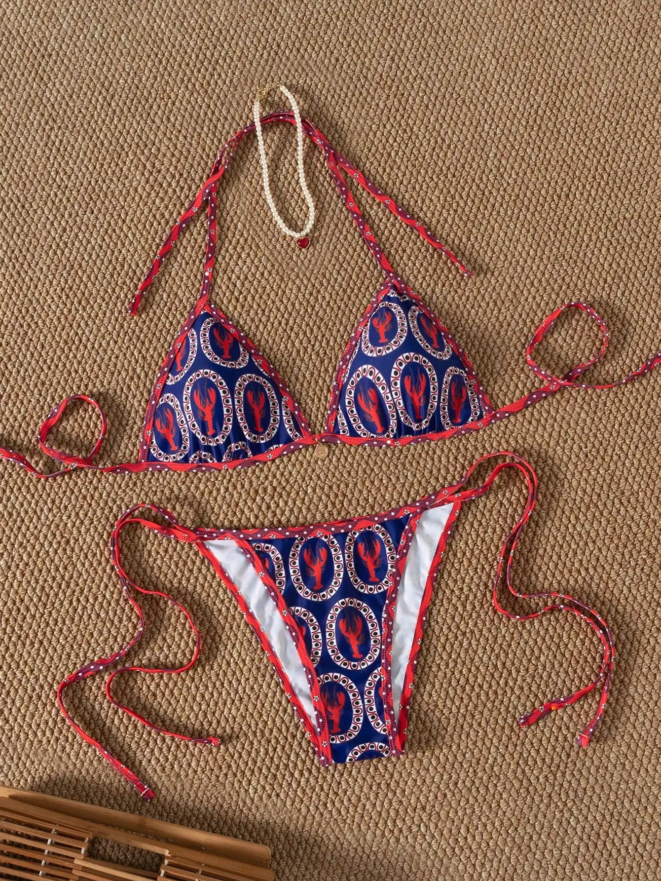 

Red Blue Lobster Print Tie-Up Bikini Set For Women Beach Vacation Summer