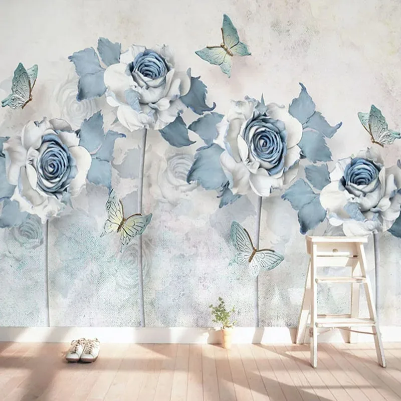 Custom Canvas Mural Wallpaper 3D Blue Flowers Butterfly Wall Painting Living Room Bedroom Romantic Decor Mural Papel De Parede