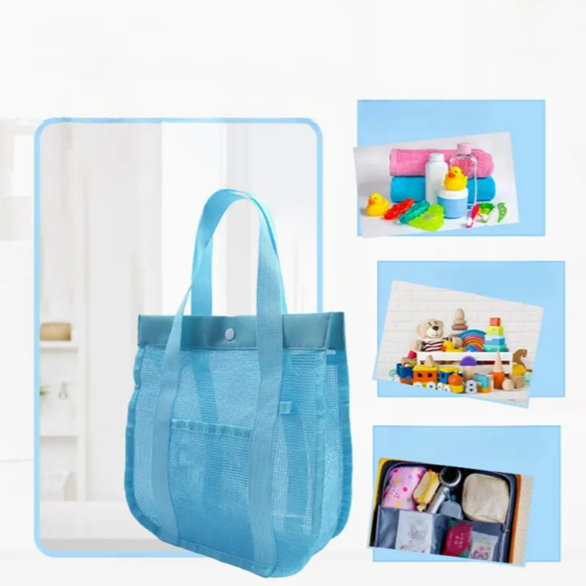 Green Hand-Held Toiletry Bag, Large Bath Bag, Net Bag, Beach Toy Storage Bag, Miscellaneous Grid Storage Bag, 1 Piece Each
