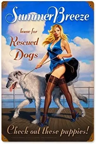 Vintage Summer Breeze Pin Up Girl Sexy Girl Man Cave Home for Rescued Dog Metal Tin Sign Home Bar Kitchen Restaurant Wall Deocr