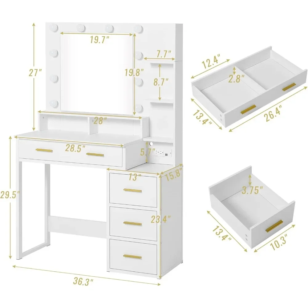 Makeup Vanity with 10 Light Bulbs, Modern Vanity Desk with Mirror & 3 Lighting Modes, Vanity Table with 2 USB Ports and Outlets