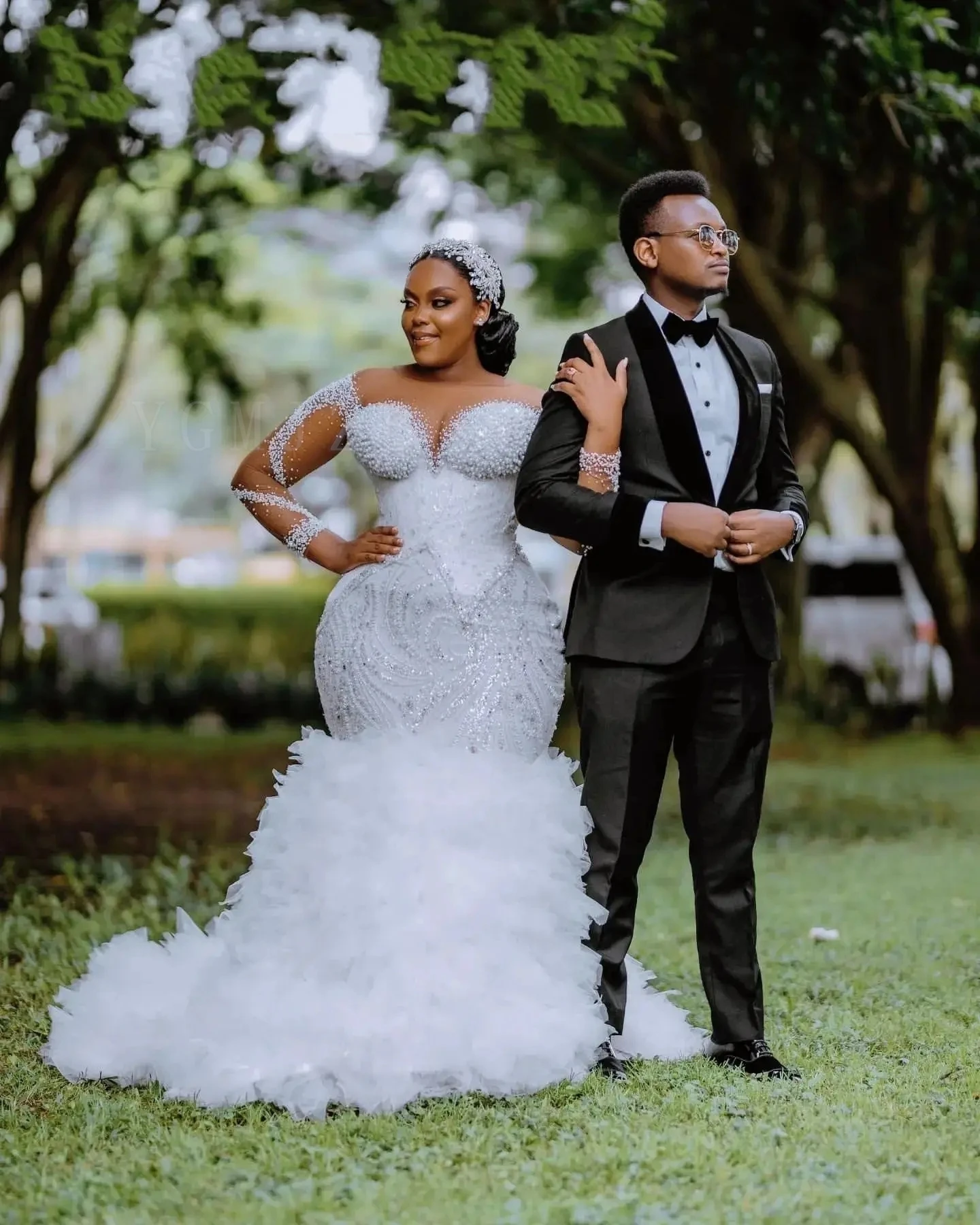 عالية الجودة اللؤلؤ الخرز فساتين الزفاف الأفريقية الفاخرة حورية البحر الوهم كم الكشكشة قطار ثوب الزفاف مخصص #2