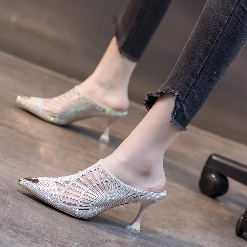 Sandalias elegantes de media zapatilla para mujer, zapatos de tacón medio, con diamantes de imitación, Punta puntiaguda, de malla, cómodos, de verano