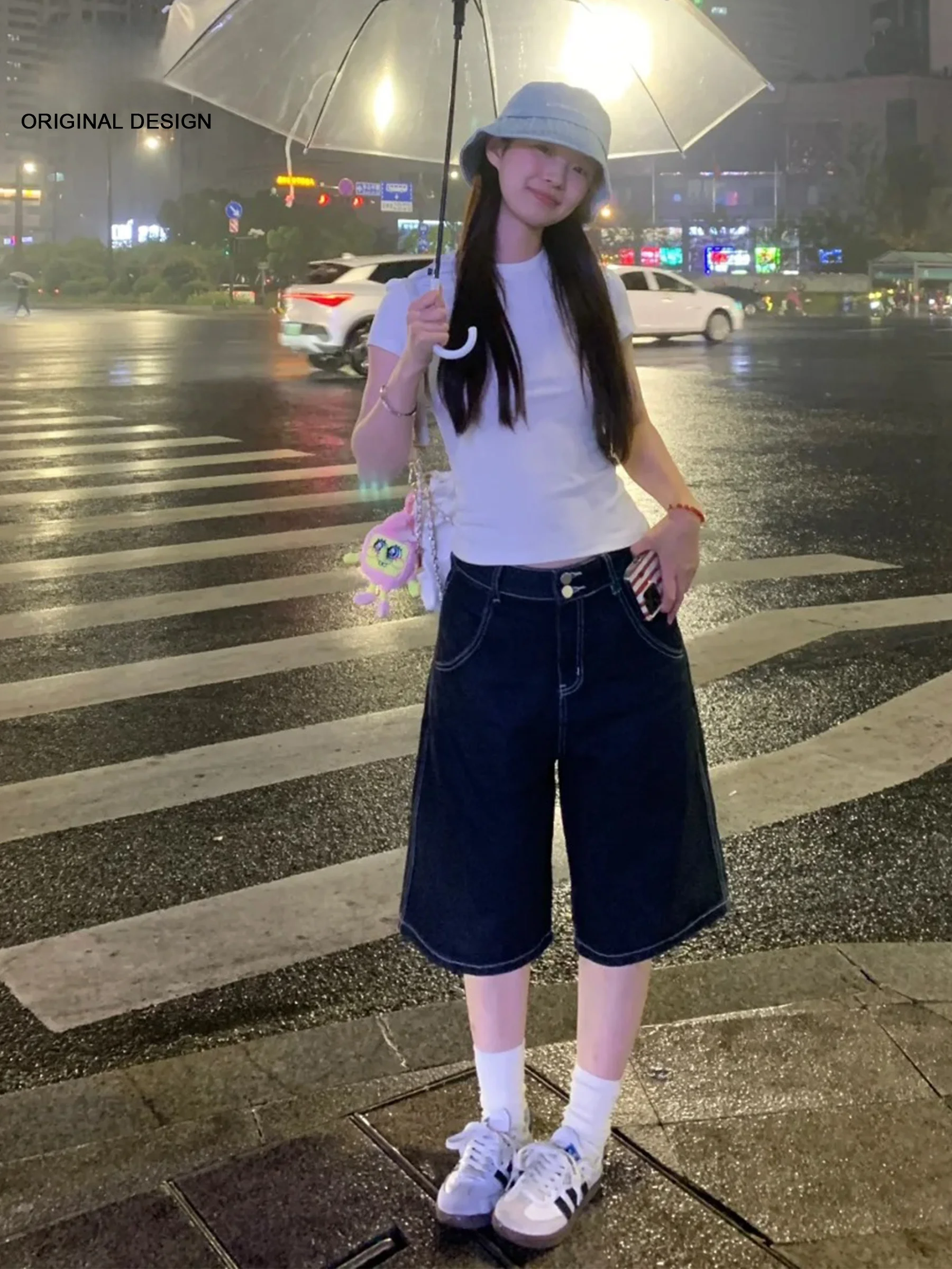 

Черные джинсовые шорты прямого кроя в стиле ретро для женщин, летние, свободные, укороченные, с высокой талией, повседневные, в американском стиле