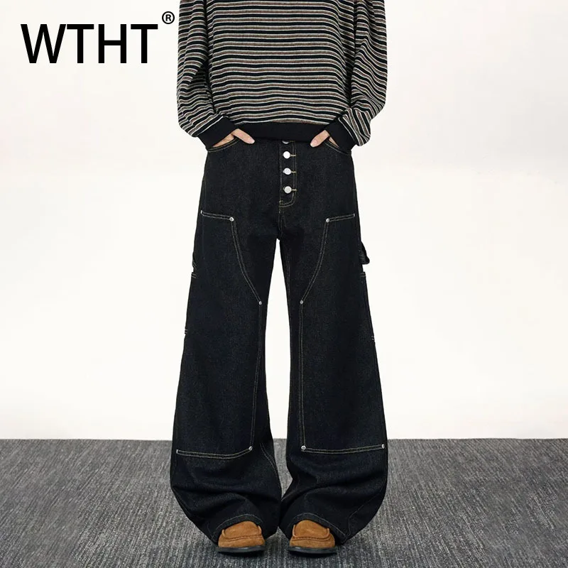 

WTHT винтажные мужские однотонные лоскутные джинсовые брюки-карго, модные свободные джинсы с высокой талией и широкими штанинами, мужские осень 2023, 2A2246