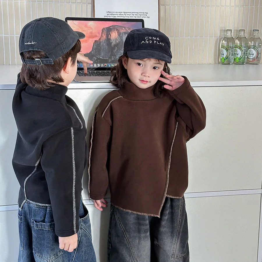 New Winter Kids Turtleneck Base Shirts 1-7Y Unique Style Boys Thick Warm Pullover Korean Loose Childrens Slit Tops Girls Clothes