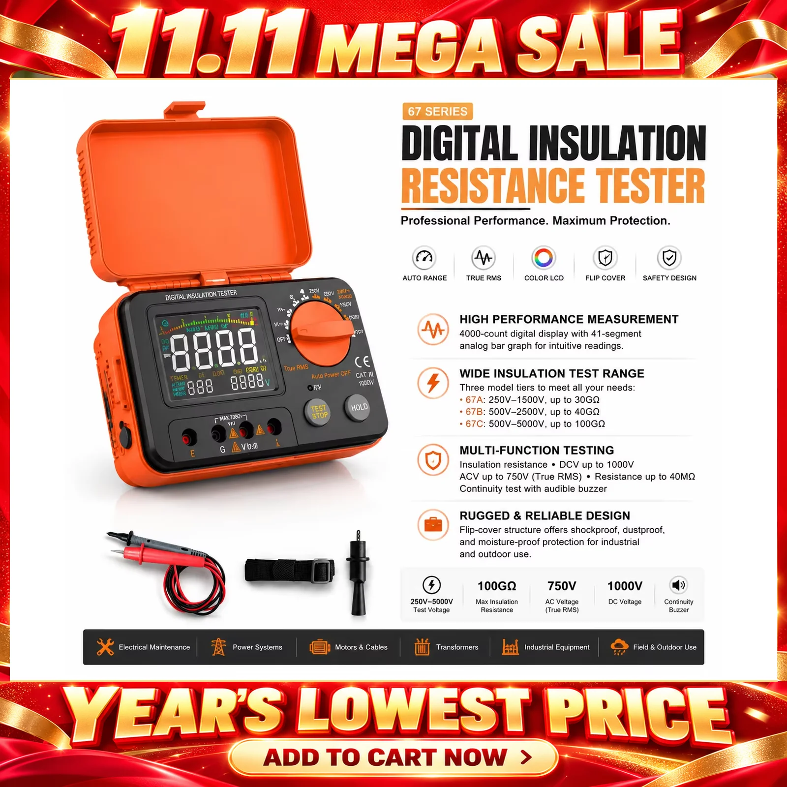 testeur-numerique-de-resistance-d'isolement-serie-67a-b-c-megohmmetre-a-gamme-automatique-100gΩ-va-ecran-lcd-couleur-resistance-ac-dc-usage-industriel