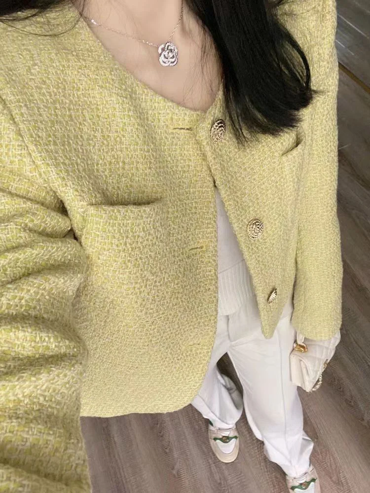 

Тонкое женское милое твидовое корейское винтажное осенне-зимнее короткое пальто с длинными рукавами, повседневные женские элегантные топы в стиле ретро с круглым вырезом