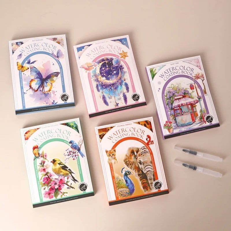 8PCS/Set DIY Watercolor Painting With Tool Animal Landscape Coloring Art Drawing Coating Book Room Decor Gift