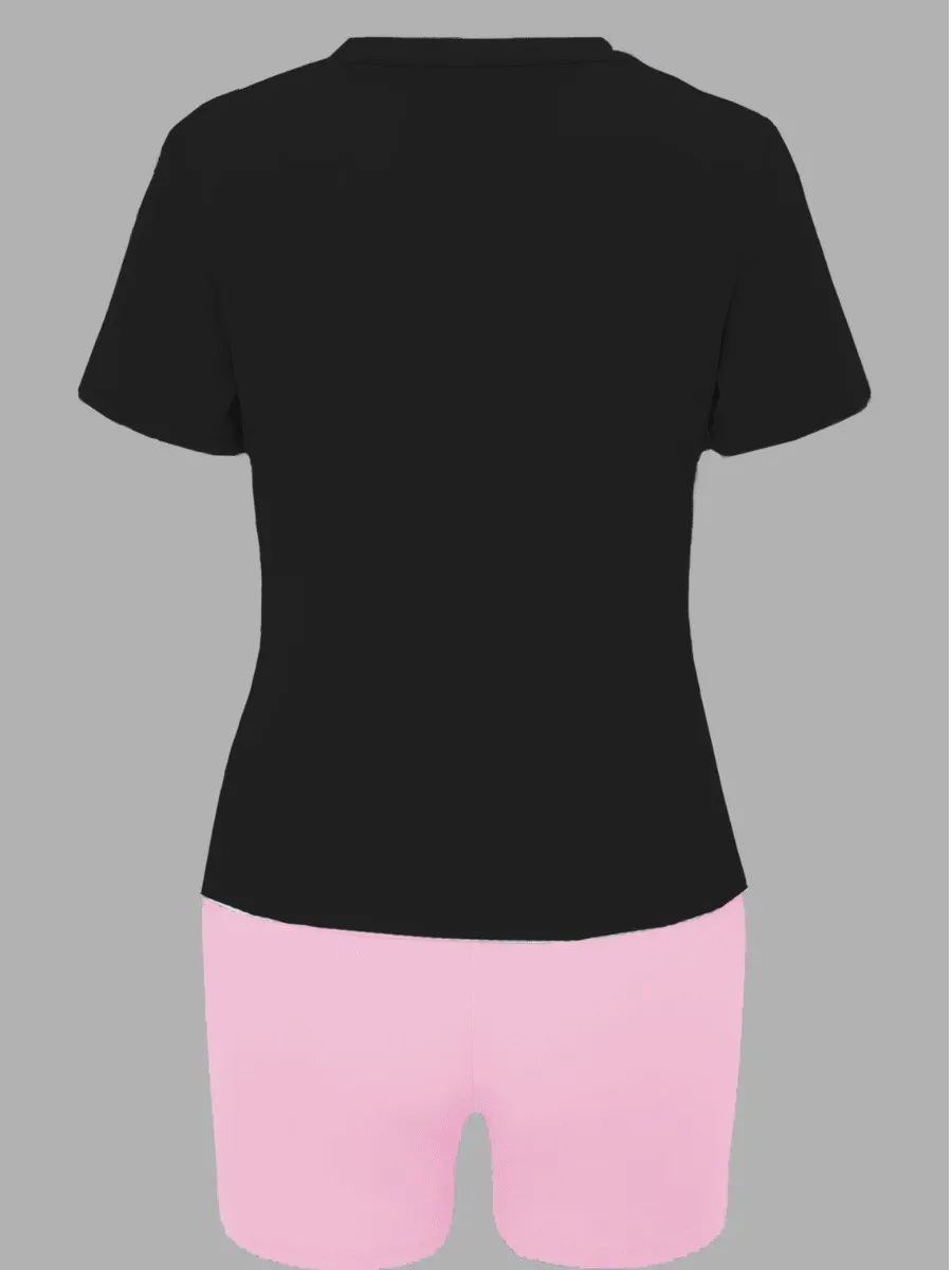 LW Frauen Sommer Zwei Stück Diese Mutter Sache Brief Drucken Shorts Set O Hals Kurzarm T-shirt & Grund Einfache passenden Böden